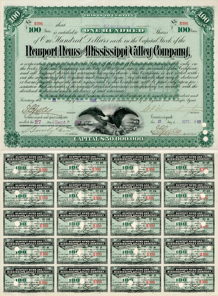 Newport News and Mississippi Valley Co. signed by Collis P. Huntington - Stock Certificate